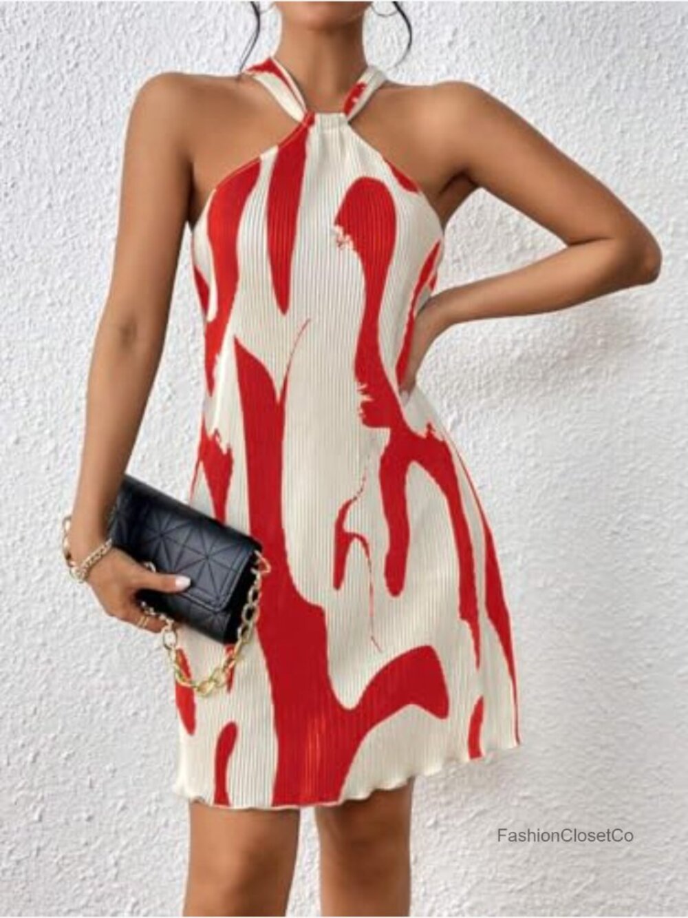 Women's Halter Neck Mini Sundress Pleated Casual Party Date Vacation - Picture 3 of 7
